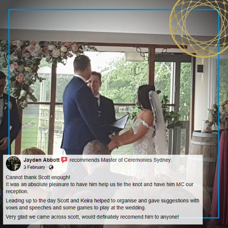 Review, testimonial, MC, Sydney Celebrant, Male Celebrant, Fun Celebrant, Chapel Hill Resort, Master of Ceremonies Sydney, Fun Ceremony, Wedding Ceremony, Emcee, Male MC, Fun MC, Wedding MC